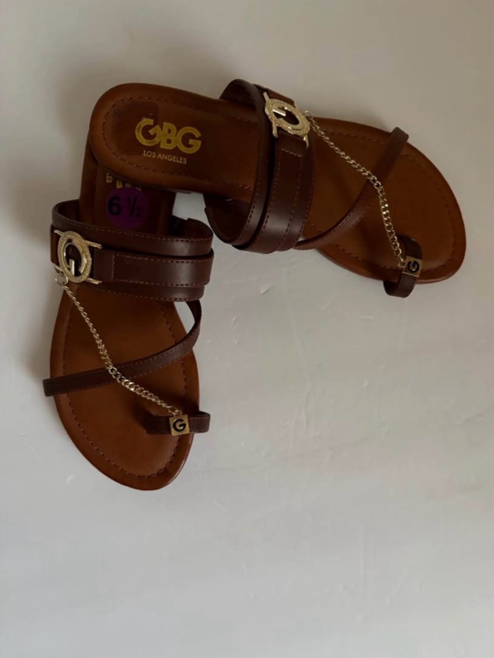 GBG Los Angeles Brown Leather Sandals with Gold Chain Accent